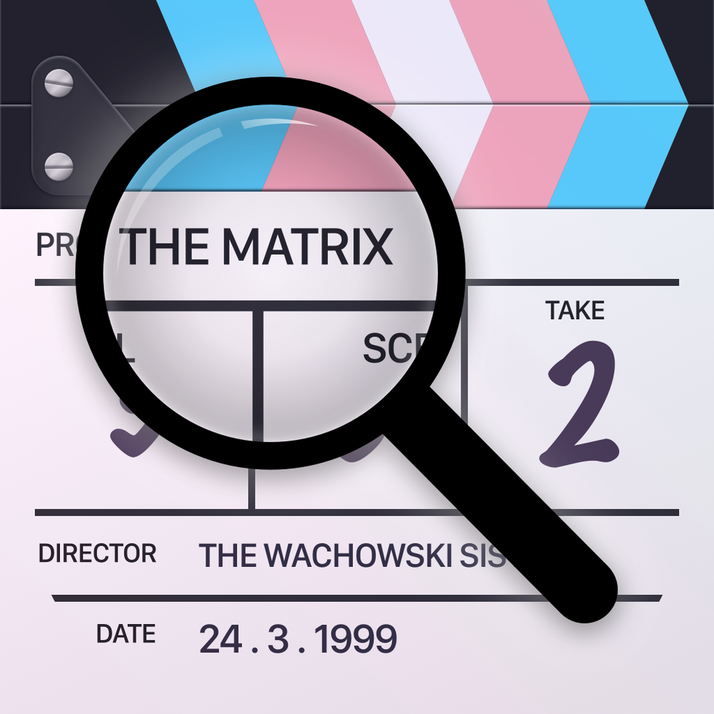 A clapperboard with its strips fashioned to look like the trans flag, showing a title of “The Matrix” from 1999.