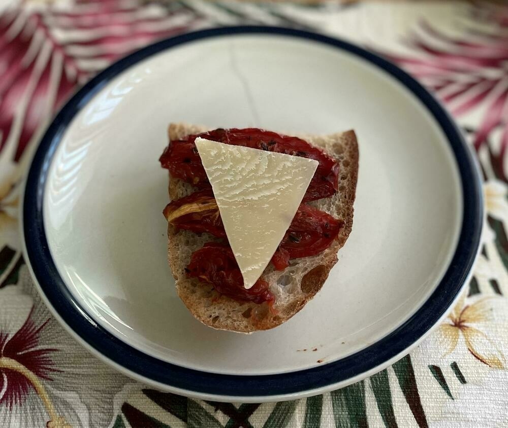 Saturday’s batch on freshly baked sourdough toast with a triangle of Parmesan on top.  Simple. Delicious.