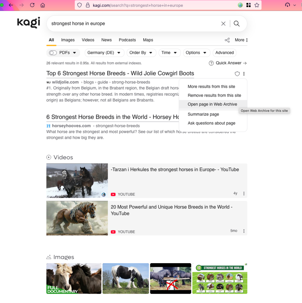 A view of the Kagi search engine results pages, showing results for “strongest horse in Europe” and showing the drop down icon for “open page in web archive”.