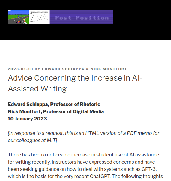 Beginning of a Post Position blog post “Advice Concerning the Increase in AI-Assisted Writing” by Prof. Edward Schiappa and Prof. Nick Montfort. See the link in the post for the screen reader friendly text of the entire report