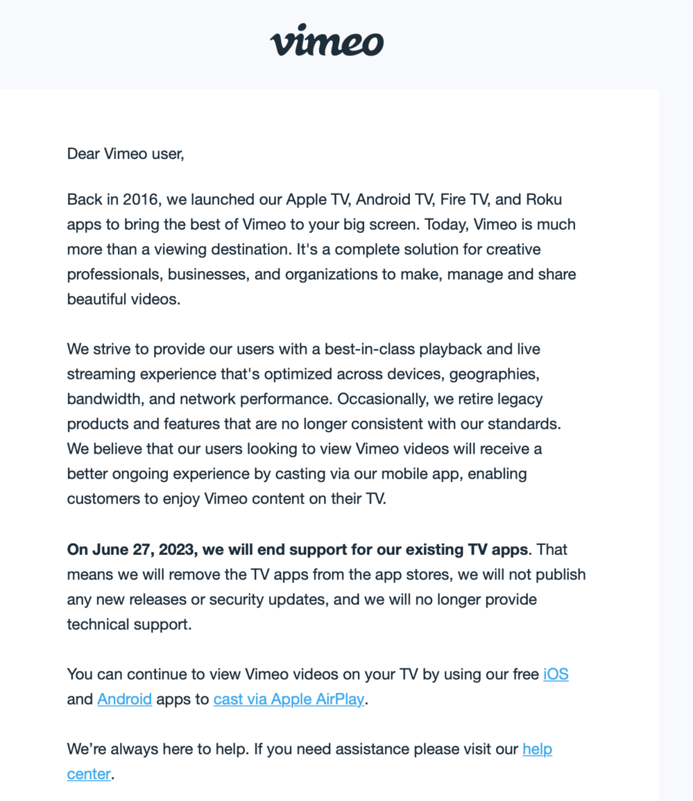 Letter from Vimeo announcing that Apple TV app will be discontinued.