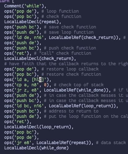 vim screenshot with lots of game boy assembly instructions that interact with the call stack, like 