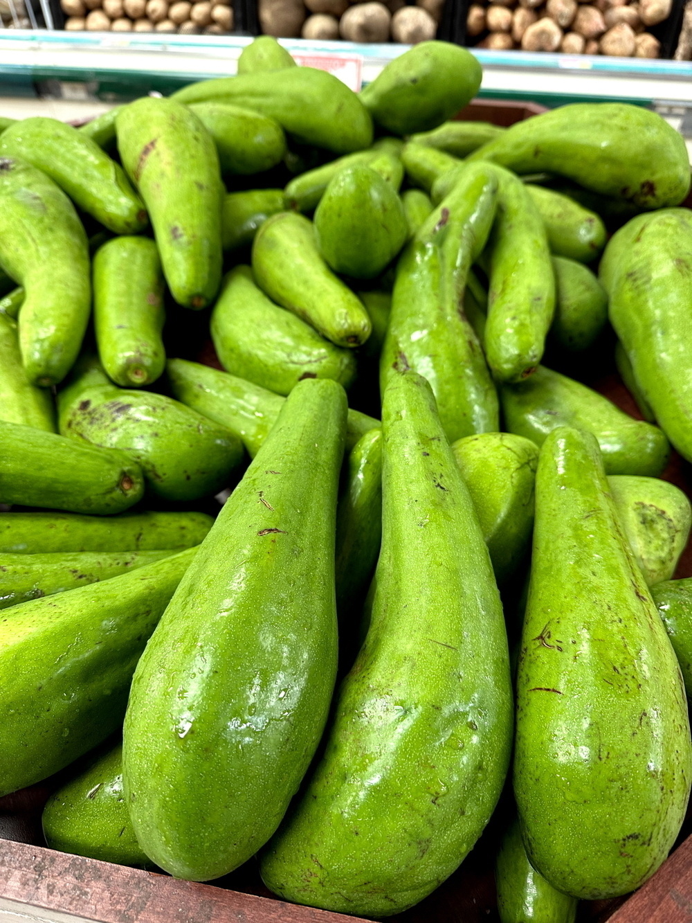 A close-up of several green, elongated avocados displayed in a produce section of a supermarket.