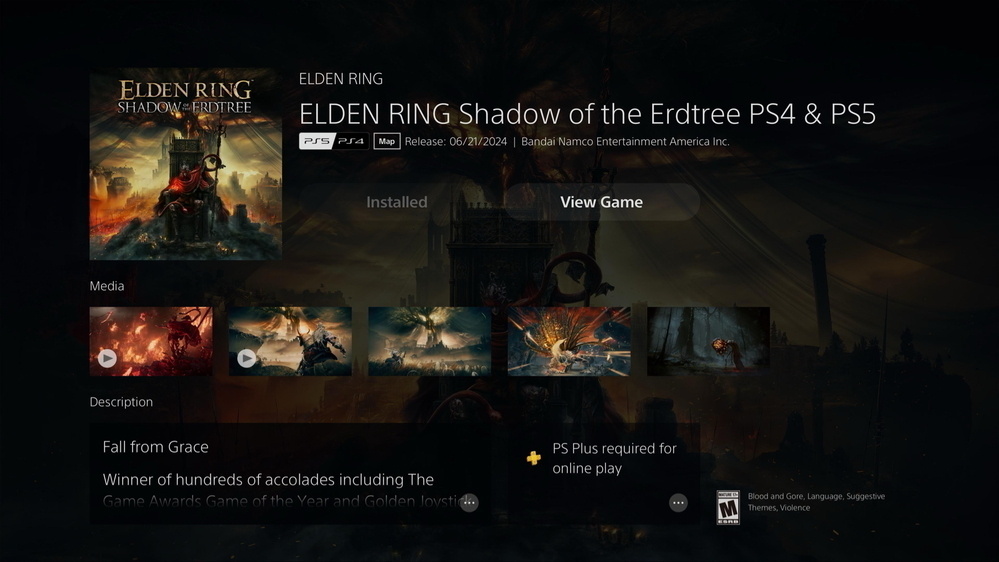 Screenshot of a PlayStation game dashboard displaying “ELDEN RING Shadow of the Erdtree” for PS4 and PS5. The screen shows the game’s title, cover art, release date (06/21/2024), 