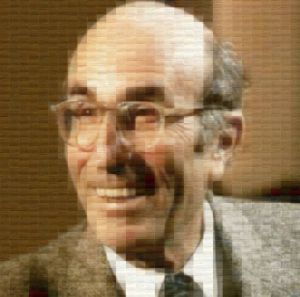 A headshot of Niklas Luhmann with a somewhat pixelated appearance, which invites the viewer to view it more closely. After doing so, one realizes that the entire picture is composed of images of note cards from his zettelkasten that when viewed from afar look like a very photorealistic version of him.