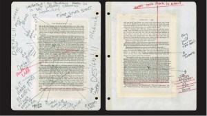 Facsimile of pages of Mario Puzo's novel The Godfather, heavily annotated by Francis Ford Coppola