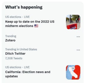 Twitter's trending topics include "Voting, Zotero, and Ditch Twitter"
