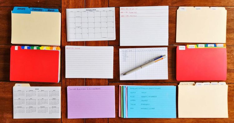 View down onto a table with 12 piles of index cards and tabbed dividers in a 3 row x 4 column layout. Row one has a pile of tabbed cards by month, a printed January 2024 calendar, a pile of January 2024 cards for monthly items, priorities and to do lists, a pile of tabbed cards labeled today, monthly, and future. Row two has piles for 1/5 cut tab dividers numbered 1-31 for the days of the month, 31 cards stamped for all the days of January (for daily to dos and events), a gridded tracker card with lines and dates for tracking weight, water, caffeine, sleep and mood, and tabbed dividers labeled: priority, projects, notes, file, blank. Row three has a tabbed divider for 2024 with a mini-calendar of all 12 months in a 3x4 grid, a pile of 12 purple cards the top one reads January Birthdays and Anniversaries, a pile of purple, blue, green, yellow, and red cards colored for daily, weekly, monthly, quarterly, and annual events and chores respectively, and a pile of tabbed dividers with the labels: Eisenhower Matrix, Crisis, Schedule, Distraction, and Defer.
