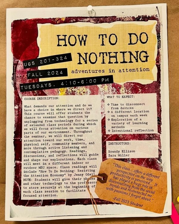 Flier for a class entitled "How to Do Nothing: Adventures in Attention". The flier is a collage of various media including typewritten sections, a brown tag with string, and some plastic label maker text.