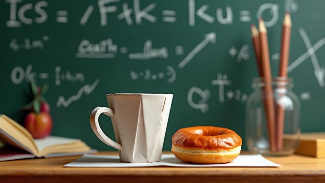 Cartoonish version of a mathematics classroom with a blackboard and random math symbols drawn in chalk. In the foreground is a table on which sits a papercraft version of a white teacup next to a glazed donut.