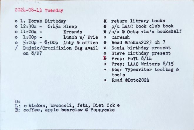 White 4x6" index card with two columns of Bullet Journal-esque rapid logging items including events, to do items, and general information