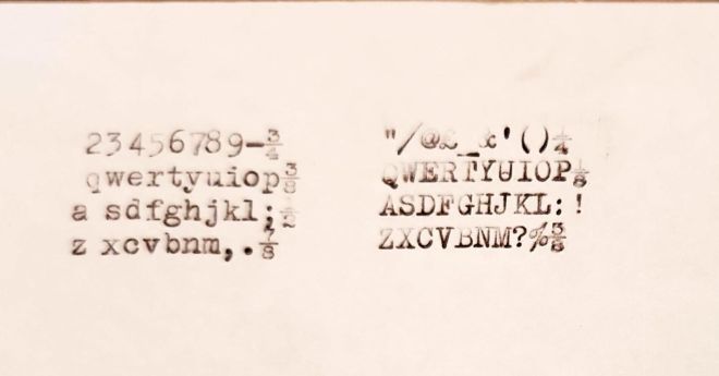 Brief type sample for the Orga Privat 5 (New Orga). A single sample of each character lower case and upper case each in two blocks.