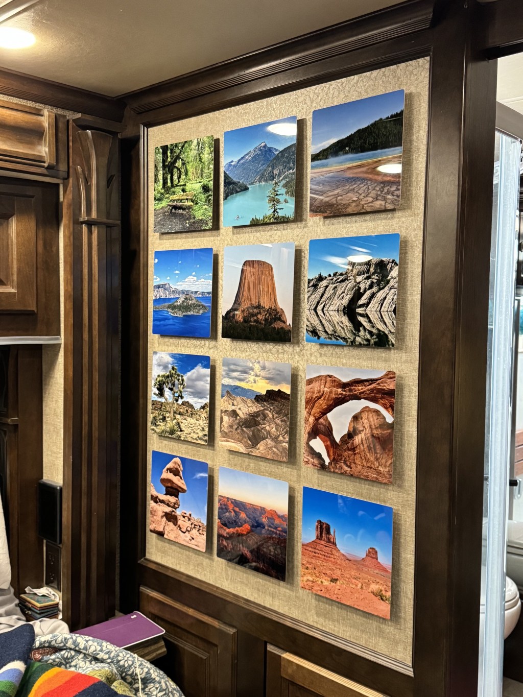 Photos printed on aluminum on a wall in our motorhome