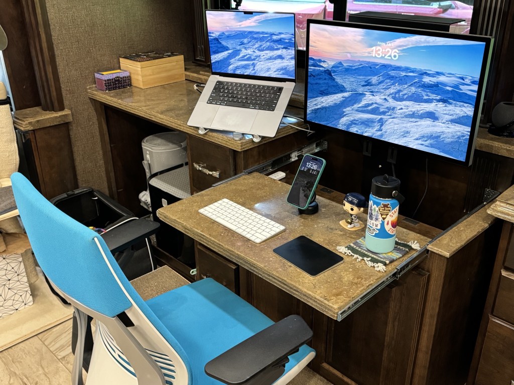 Custom desk with office chair and computer