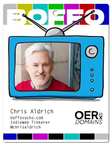 Conference tag featuring a television with Chris Aldrich's headshot on the set with his name, domain name and twitter account indicated in text at the bottom