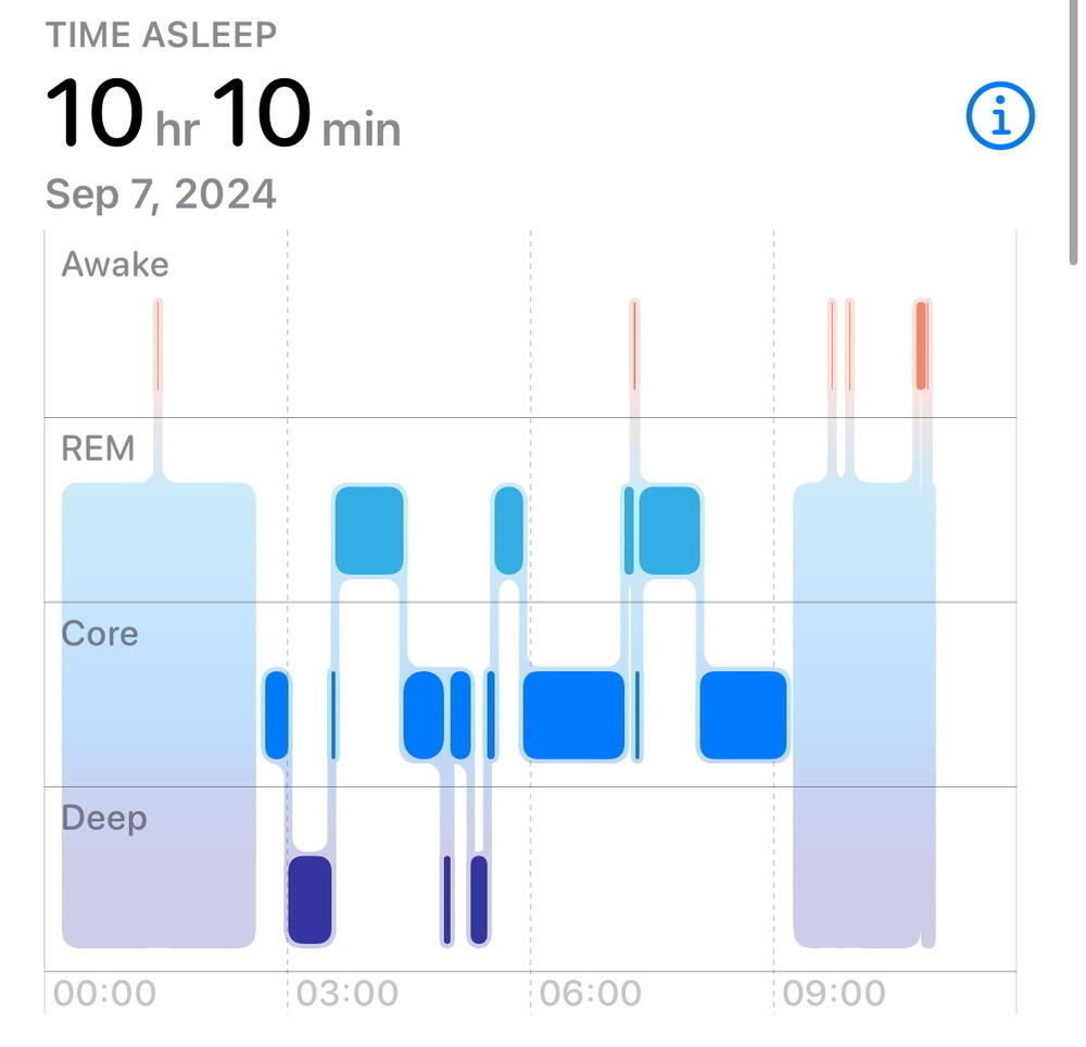 A sleep analysis chart showing 10 hours and 10 minutes of sleep on September 7, 2024.