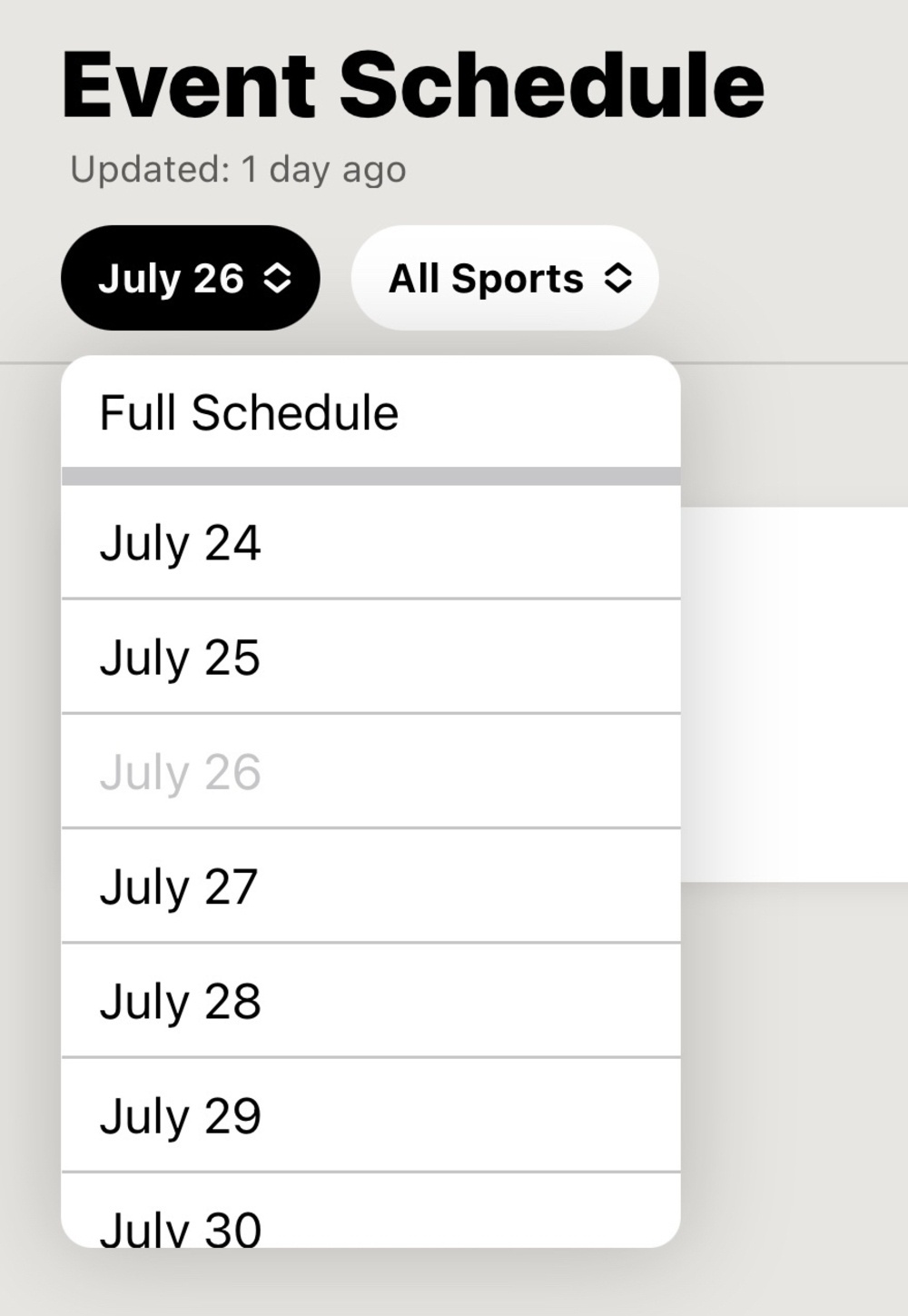 Olympics event schedule in Apple News. The date picker is a drop down, with July 24 through July 30 visible in the screenshot.