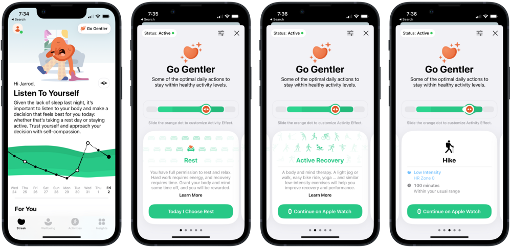 Screenshots of the gentler streak app suggesting lower impact activities after a spike in effort over time.