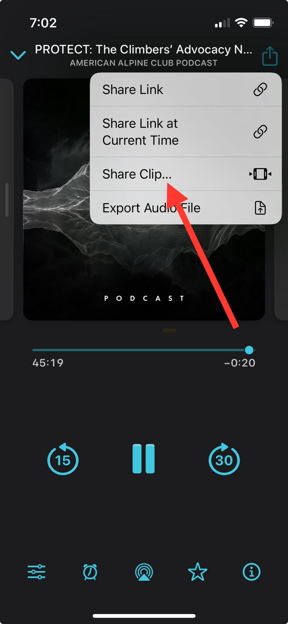 Screenshot of Overcast’s podcast sharing menu with the ‘Share Clip…’ option pointed out.