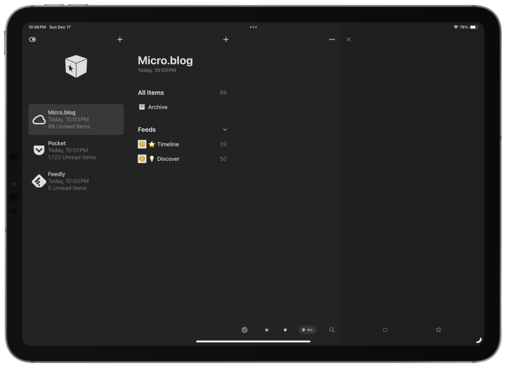 iPad screenshot of Reeder with Micro.blog feeds account, Pocket account, and Feedly account.