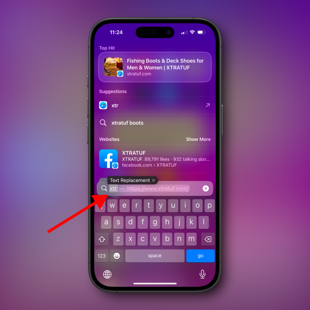 A smartphone screen displays a search function highlighting a text replacement showing “xtr” replaced by “Text Replacement”. Various suggestions are listed, surrounded by a purple gradient background.