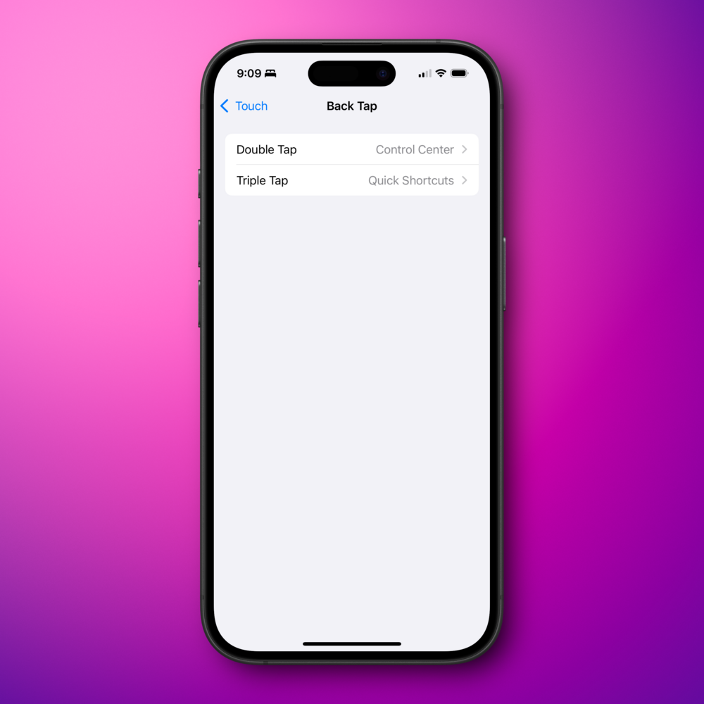 A smartphone screen shows the “Back Tap” settings with options: “Double Tap” for “Control Center” and “Triple Tap” for “Quick Shortcuts.” The background is a gradient of pink and purple.