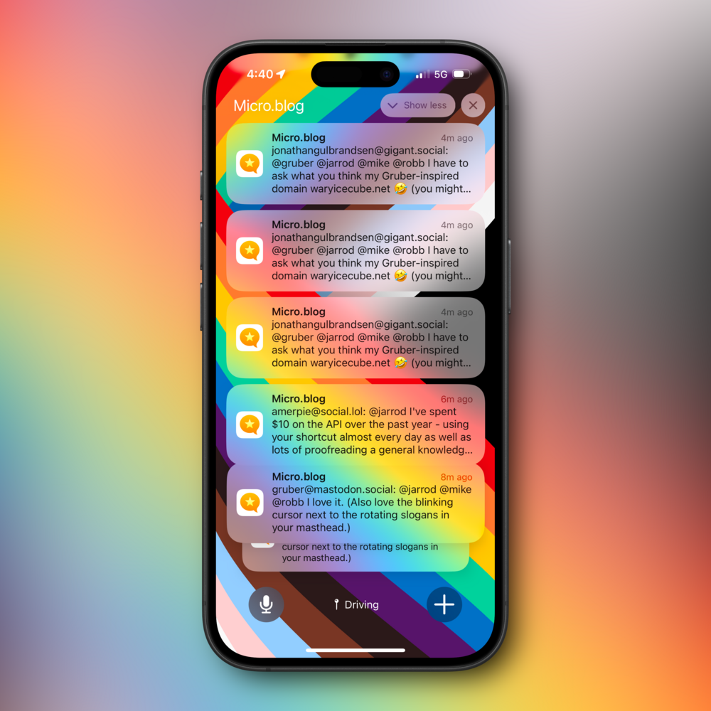 A smartphone displays multiple Micro.blog notifications on a vibrant, rainbow-striped background. Messages mention users and topics like a Gruber-inspired domain. Context suggests a social media or communication app.