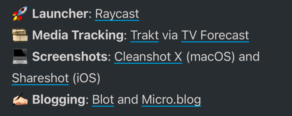 A list describes favorite digital tools with icons: a rocket for “Raycast” (Launcher), film reel for “Trakt via TV Forecast” (Media Tracking), laptop for “Cleanshot X” and “Shareshot” (Screenshots), pencil for “Blot and Micro.blog” (Blogging).