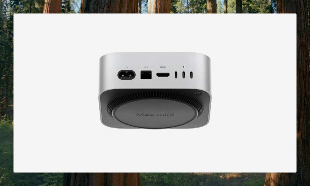 A silver Mac Mini displays its back ports, including power, Ethernet, HDMI, and USB-C, against a white background with visible redwood trees. “Mac mini” text is on the bottom surface.