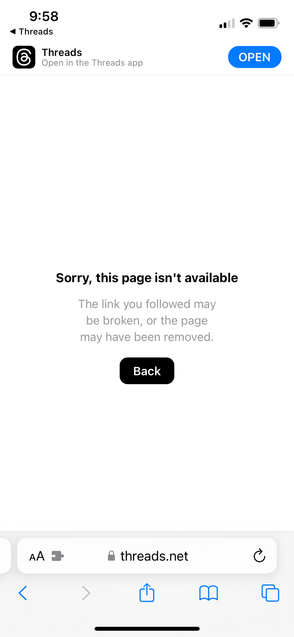 Error message displayed on a phone screen, stating “Sorry, this page isn’t available” with options to go back and link to Threads app; URL “threads.net” is visible.