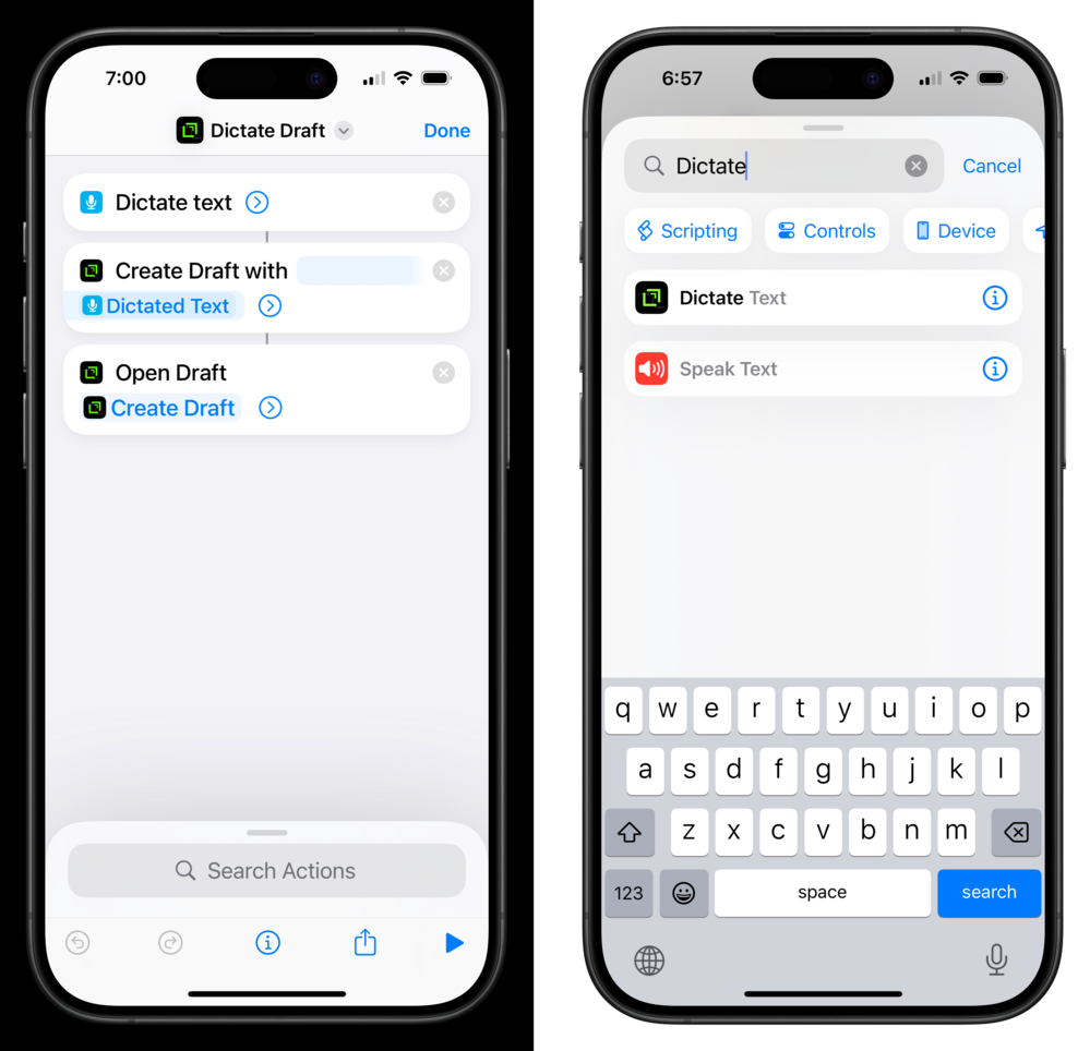 Two smartphone screens display workflow setups. The left screen shows actions like “Dictate text,” “Create Draft with Dictated Text,” and “Open Draft.” The right screen searches “Dictate” in a scripting app.