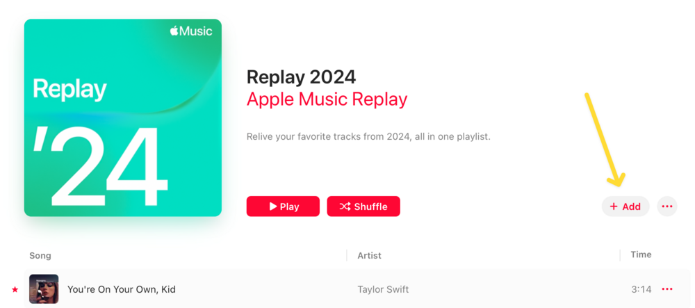 Apple Music Replay 2024 playlist with play and shuffle options is displayed. A song, “You’re On Your Own, Kid” by Taylor Swift, is highlighted with an option to add the playlist to your library.