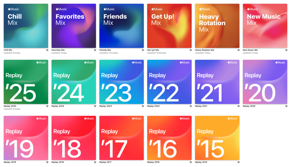 Album covers are arranged in a grid displaying various Apple Music playlists like “Chill Mix,” “Favorites Mix,” and yearly “Replay” compilations from 2015 to 2025. Each cover features colorful gradients and text indicating the playlist title and update time.