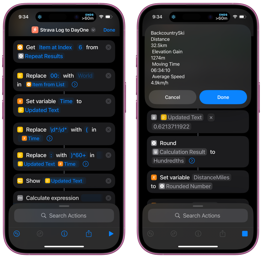 Two smartphone screens display a shortcut workflow interface. The left screen details steps like setting variables and calculating expressions. The right screen shows results including BackcountrySki stats: 32.5km Distance, 1274m Elevation Gain, Moving Time 06:34:10, and 4.9km/h Average Speed.
