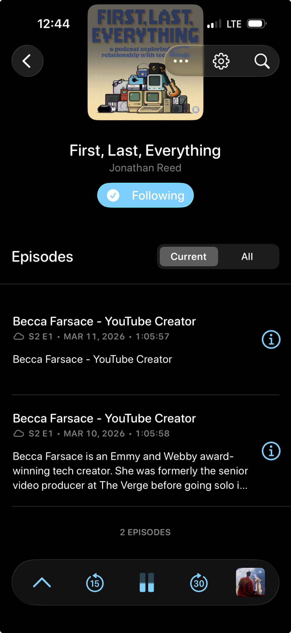 Screenshot of a podcast app displaying the show “First, Last, Everything” by Jonathan Reed. The cover art features stacked retro electronics with the title above. The app shows the user is following the podcast. Below are two episodes featuring Becca Farsace, a YouTube creator. Episode descriptions highlight her as an Emmy and Webby award-winning tech creator, formerly with The Verge. Episode details include season 2, episode 1, with timestamps. Navigation buttons are at the bottom.