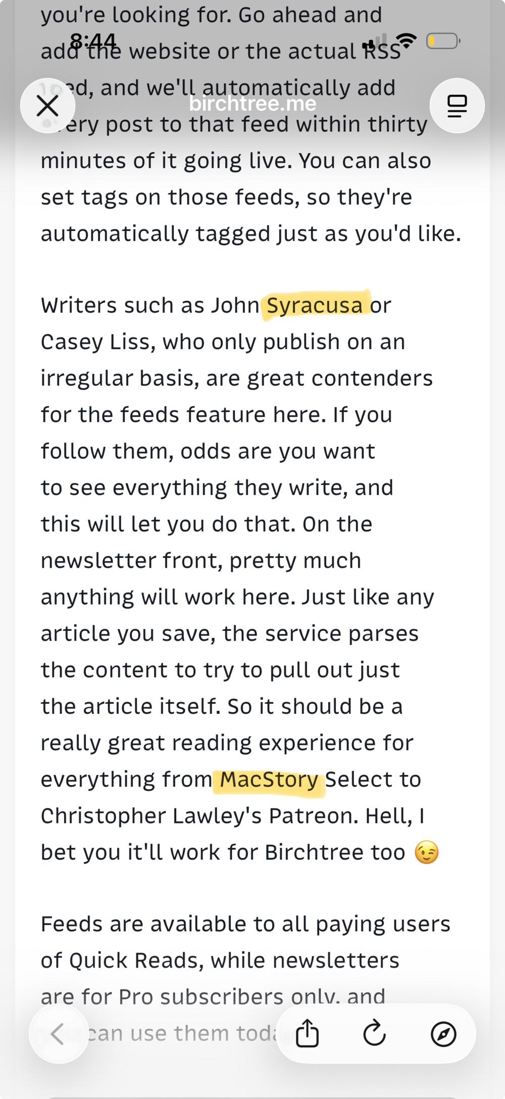 A smartphone screenshot displaying text from a website, birchtree.me, with a focus on RSS feeds. Mentioned authors include John Siracusa and Casey Liss, highlighting their irregular publication as suitable for the feeds feature. Text discusses the convenience of following these writers and using newsletters. The phrase “MacStory Select” is highlighted, and there are icons for closing, sharing, and options at the bottom of the screen. An emoji with a winking face is present near the end.