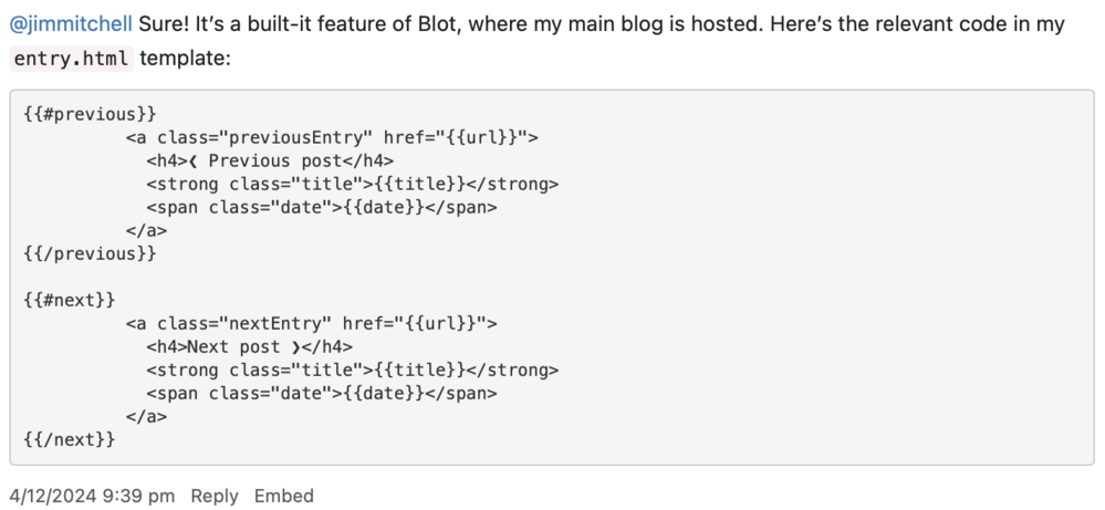 A screenshot of a Twitter conversation with an embedded code snippet. The tweet mentions a feature of Blot for blog hosting and includes code for the entry.html template. The code provides HTML structure for “previous” and “next” post links, utilizing placeholders for URL, title, and date.
