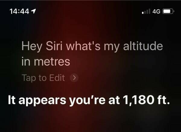 Hey Siri, What is my altitude in meters -- it appears that you are at 1,180 feet