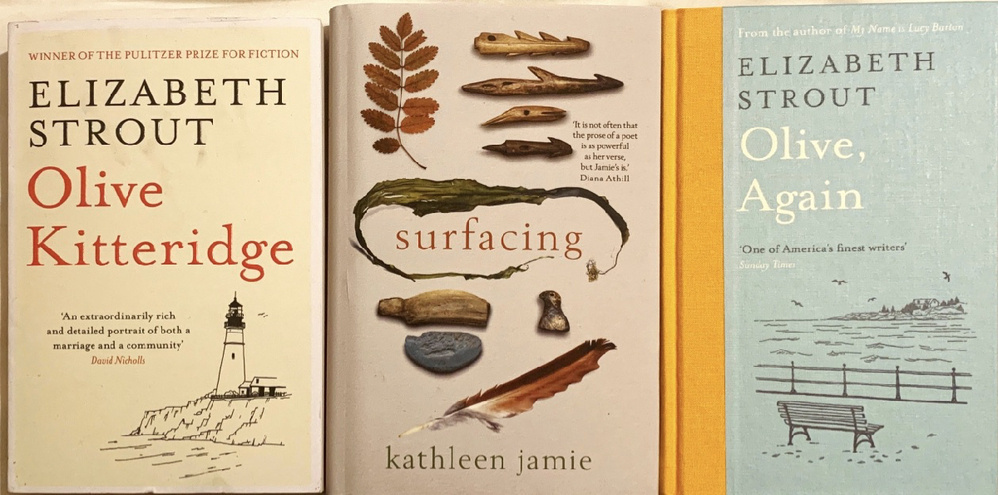 Book covers, Olive Kitterage by Elizabeth Stroud, surfacing by Katherine Jamie, and Olive Again by Elizabeth Stroud