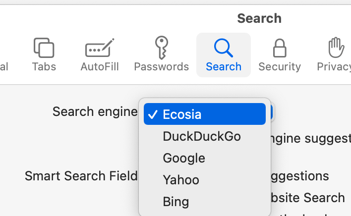 Screenshot Safari Prefs, choosing ecosia