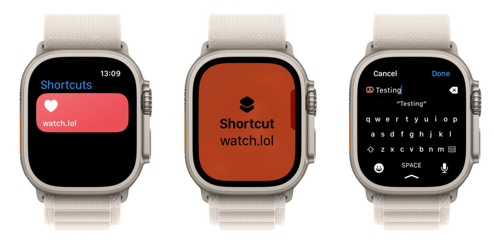 screenshot montage of an Apple Watch with a shortcut running