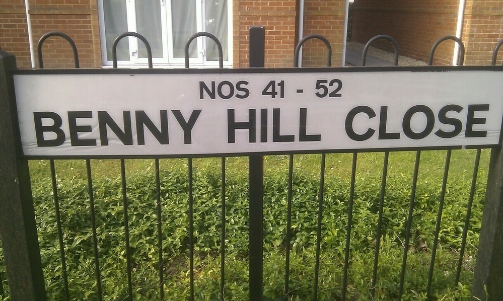 Road sign of Benny Hill Close