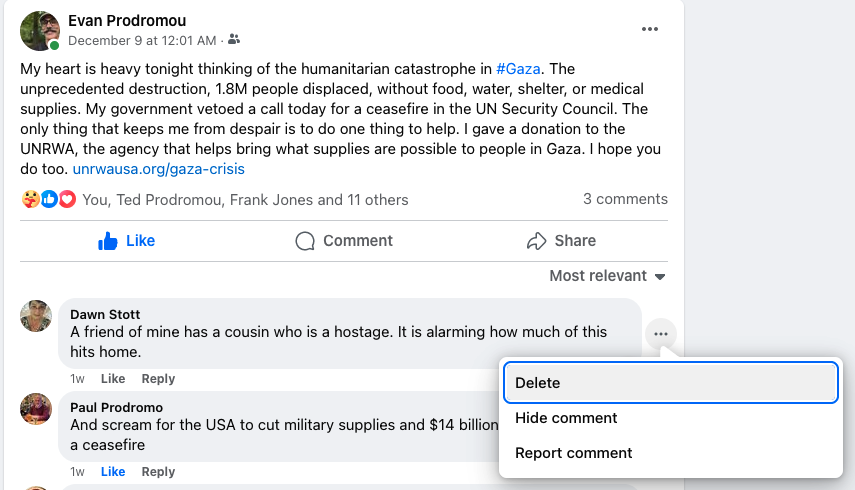 A screenshot of a facebook post with comments. The menu is dropped down for one of the comments, with the 'Delete' menu item highlighted.