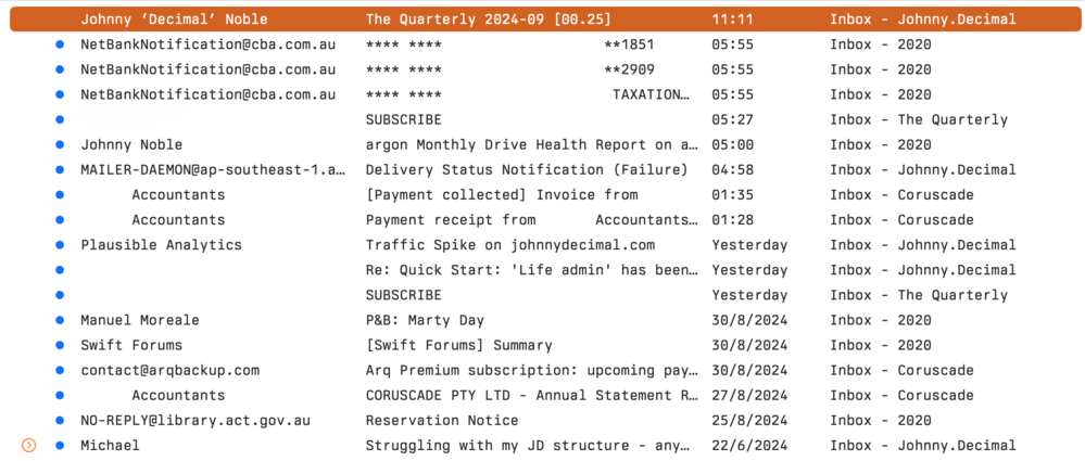 Screenshot of Mail.app’s message list view. In the gorgeous monospace Berkeley Mono.