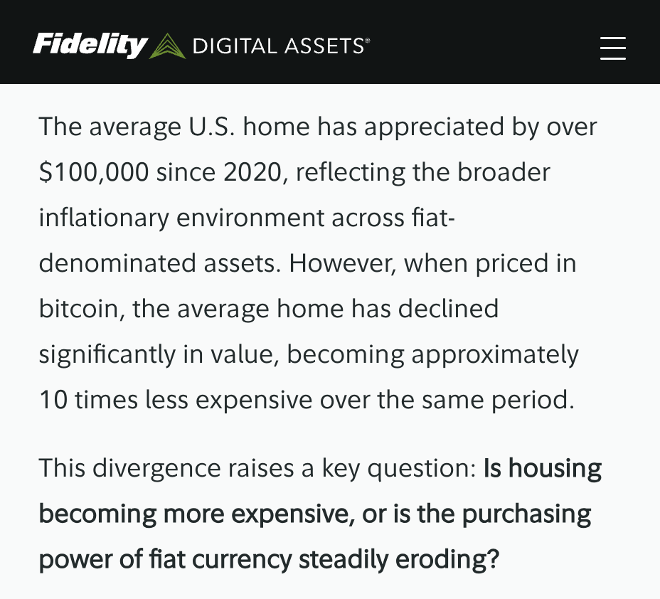 The average U.S. home has appreciated by over $100,000 since 2020, reflecting the broader inflationary environment across fiat-denominated assets. However, when priced in bitcoin, the average home has declined significantly in value, becoming approximately 10 times less expensive over the same period.  This divergence raises a key question: Is housing becoming more expensive, or is the purchasing power of fiat currency steadily eroding?