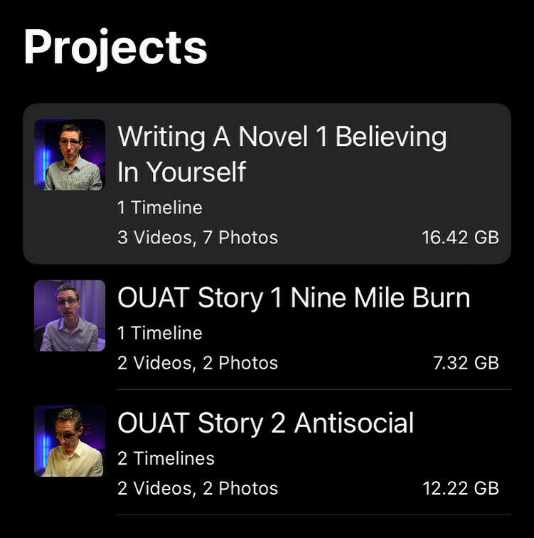 Final Cut Pro iPad video projects list. The latest one, with a ten-minute runtime but longer raw footage, is over sixteen gigabytes.