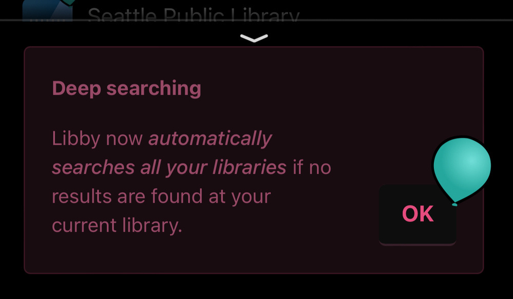 Light purple text in a black background informs the reader that Libby now automatically searches all libraries. 