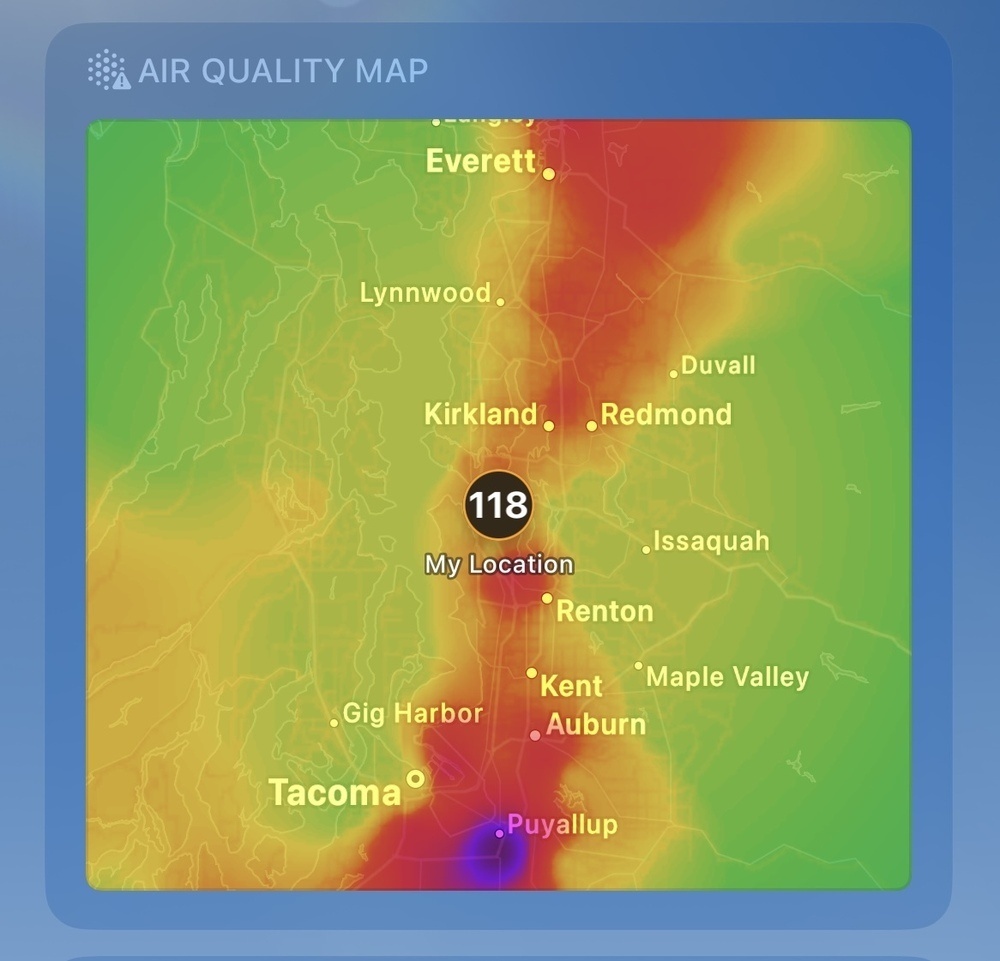 Air quality map showing red — unhealthy — air throughout the puget sound region. 
