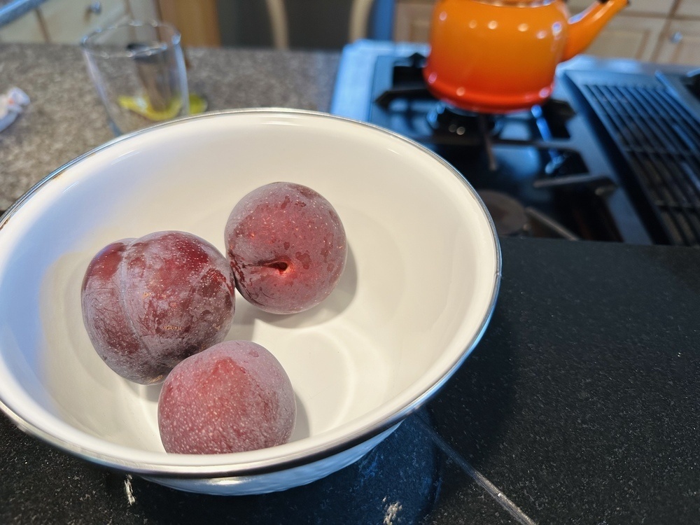 Three purple plums in a white metal bowl, on a black tile countertop. 