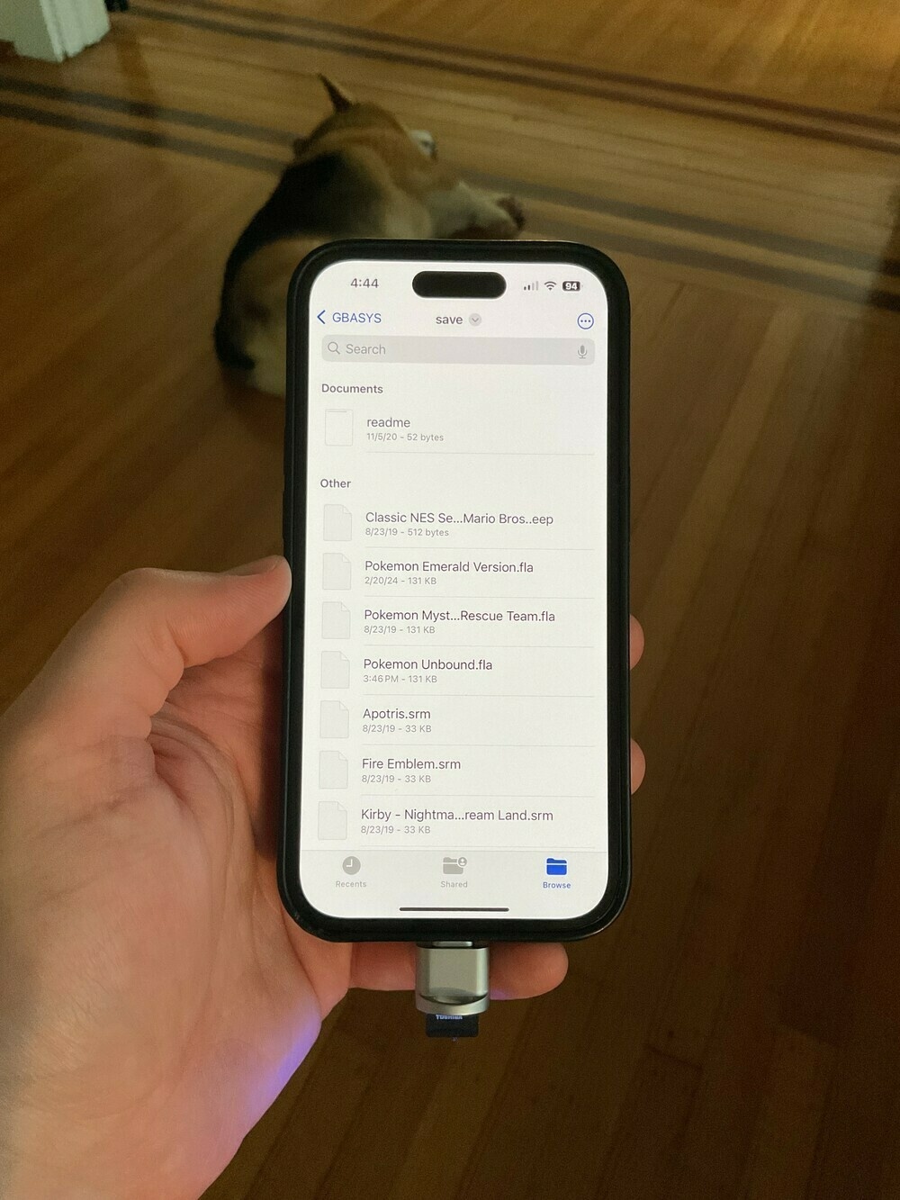 An iPhone with a microSD card reader plugged in. The screen shows the contents of a folder on the SD card. A corgi is laying in the background. 